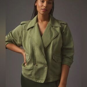 By Anthropologie Cropped Aviator Jacket, army green, Linen Blend, size 1X